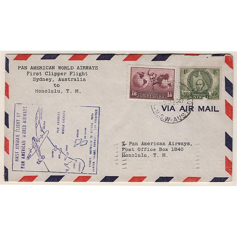 (KB15114) AUSTRALIA · 1947: cacheted cover carried Sydney/Hawaii on the first post WWII Clipper Flight by PanAm AAMC #1119a · fine condition · c.v. "from AU$50"