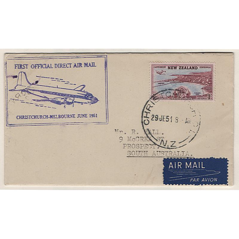 (KB15115) NEW ZEALAND · 1951: cacheted cover carried on the FIRST OFFICIAL DIRECT AIR MAIL FLIGHT · CHRISTCHURCH - MELBOURNE AAMC #1275 · nice condition · $5 STARTER!!