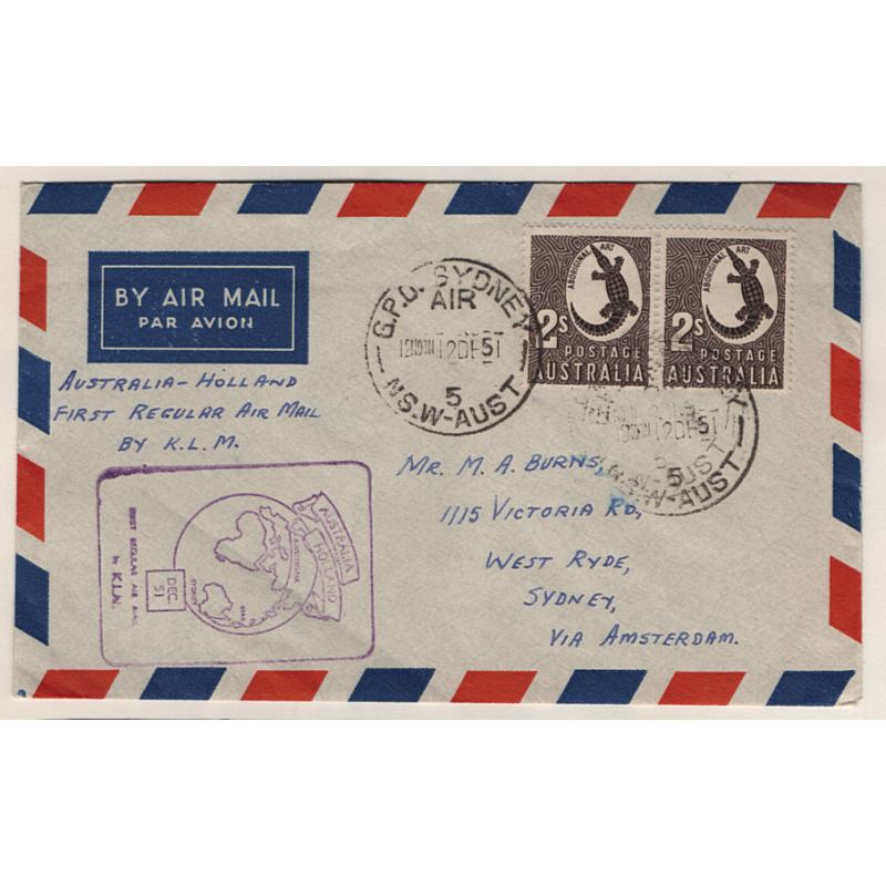 (KB15120) AUSTRALIA · 1951: small cacheted cover carried by K.L.M. on their first regular air mail service to the Netherlands AAMC #1288 · arrival b/s · fine condition