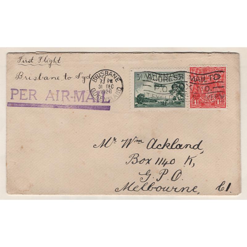 (KB15127) AUSTRALIA · 1930 (Jan 1st): neat cover carried on interrupted flight by ANA Ltd from Brisbane to Sydney (where onforwarded to Melbourne) AAMC #149 · excellent condition · c.v. AU$225