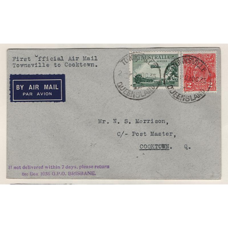 (KB15128) AUSTRALIA · 1935: neat cover carried on the first official air mail flight by McDonald Air Service Ltd. from Townsville to Cooktown AAMC #549 · VF condition · c.v. AU$50