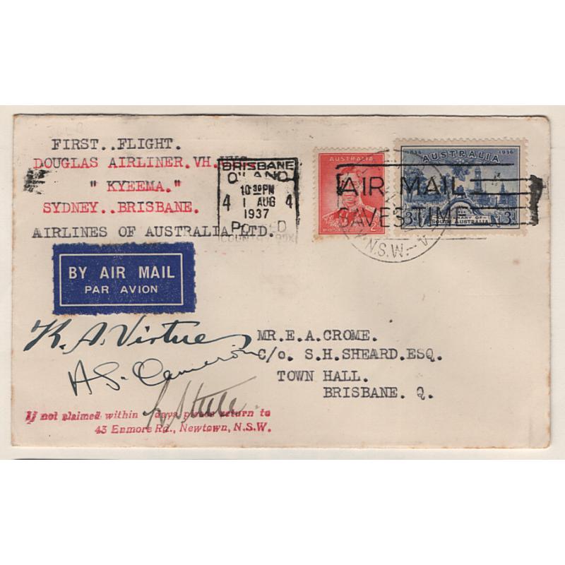 (KB15130) AUSTRALIA · 1937 (Aug 2nd): souvenir cover carried on the inaugural air mail flight from Brisbane to Sydney by Airlines of Australia DC-2 aircraft AAMC #747 · signed · nice condition · c.v. AU$100