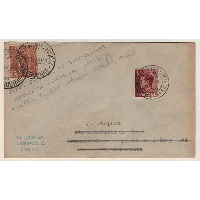 (KB15132) GREAT BRITAIN · AUSTRALIA · 1938 (July): cover endorsed "Frist Departure of Unsurcharged Airmail to Australia..." AAMC #819 · returned to G.B. by first "Thrice Weekly" air mail service AAMC #825 · see description