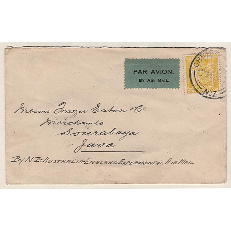(KB15136) NEW ZEALAND · 1931: small Union Steamship Co. envelope mailed to Sydney at Christchurch where onforwarded to SIngapore on 2nd Experimental Air Mail flight AAMC #203a and then to Soerabaja by boat · see description · c.v. AU$250 (2 images)