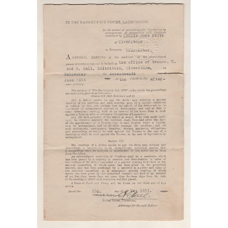 (KB15138) TASMANIA · 1914: Bankruptcy Court Launceston notice mailed to wife of Ronald Smith at Forth · condition as per 3 largest images