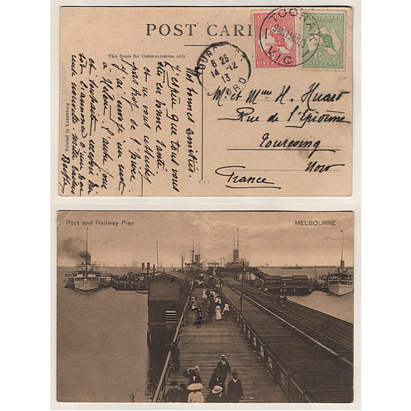 (KB15140) AUSTRALIA · 1913: postcard mailed to France at Toorak with ½d + 1d Roo franking making up the correct rate · excellent condition