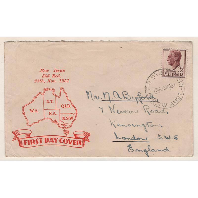 (KB15141) AUSTRALIA · 1951 (Nov 28th): Smyth cacheted FDC for 3½d KGVI defin · postally used to G.B. · excellent condition · $5 STARTER!!