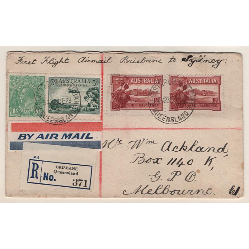 (KB15148) AUSTRALIA · 1930: registered cover carried on the first air mail flight from Brisbane to Sydney AAMC #149 · onforwarded to Melbourne on arrival · excellent condition · c.v. AU$225