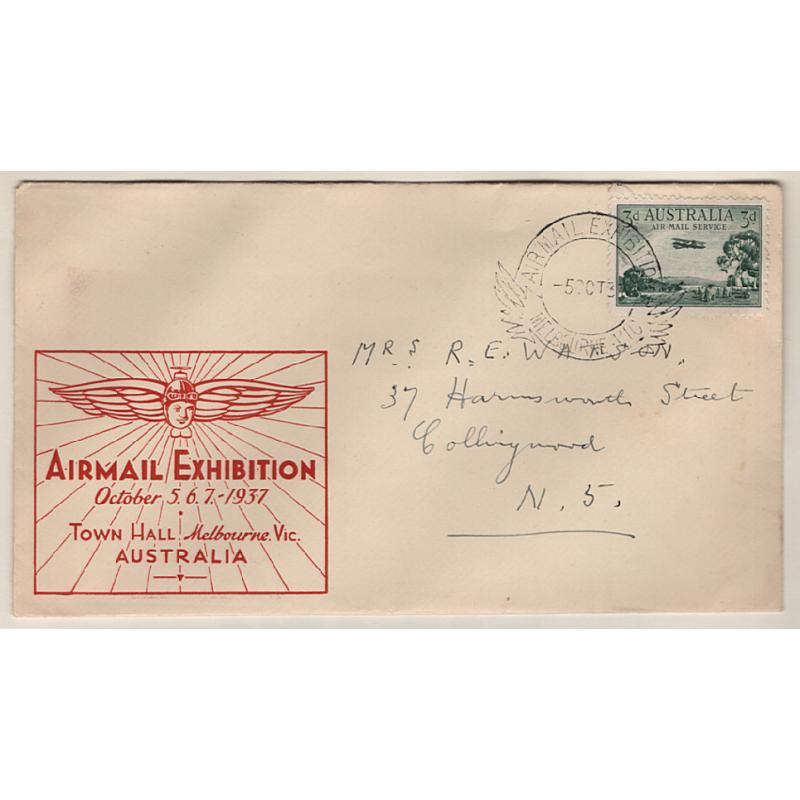 (KB15149) AUSTRALIA · 1937: souvenir Airmail Exhibition envelope with appropriate franking tied by a full strike of the special canceller applied at the Melbourne Town Hall · fine condition