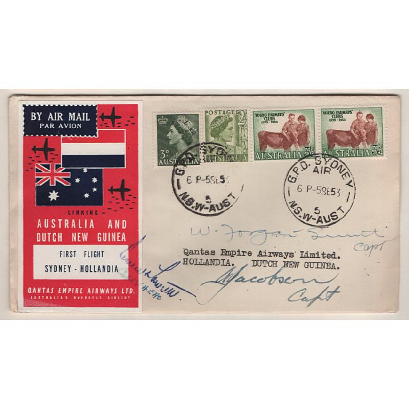 (KB15153) AUSTRALIA · 1953: souvenir cover carried on the first flight by QANTAS from Sydney to Hollandia AAMC #1323 · signed by 3 pilots · fine condition · c.v. AU$90