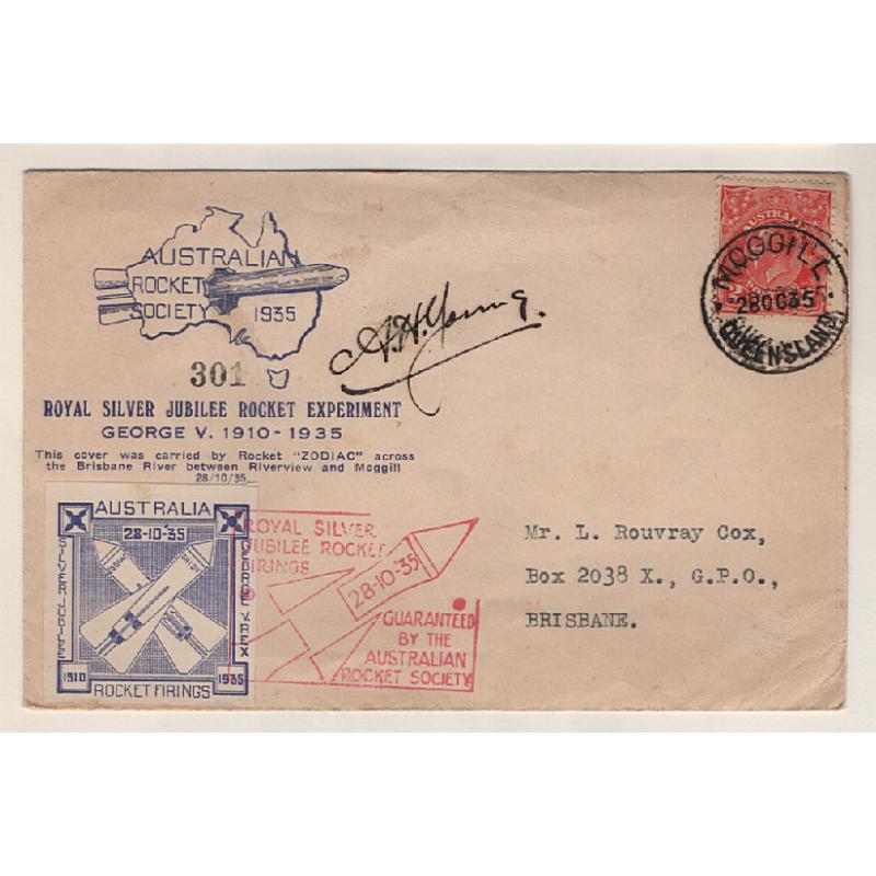 (KB15156) AUSTRALIA · 1935 (Oct 28th): KGV Jubilee commemorative cover flown by rocket from Riverview (QLD) to Moggill AAMC R4a · numbered '301' but flimsy is absent · excellent clean condition · c.v. AU$100