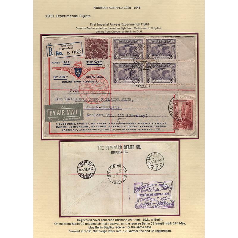 (KB15167L) AUSTRALIA · 1931: cacheted registered souvenir cover carried on return flight by Imperial Airways to G.B. AAMC #188 · onforwarded by air to Berlin · nice condition for one of these covers