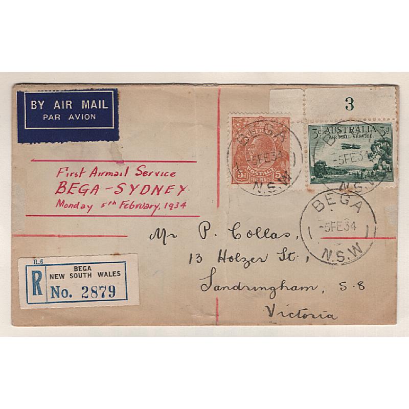 (KB15168) AUSTRALIA · 1934 (Feb 5th): regd cover carried on 1st air mail flight BEGA / SYDNEY by Adastra Airways AAMC #353 · some imperfections  .....please view largest image · b/stamps "document" the journey · c.v. AU$75