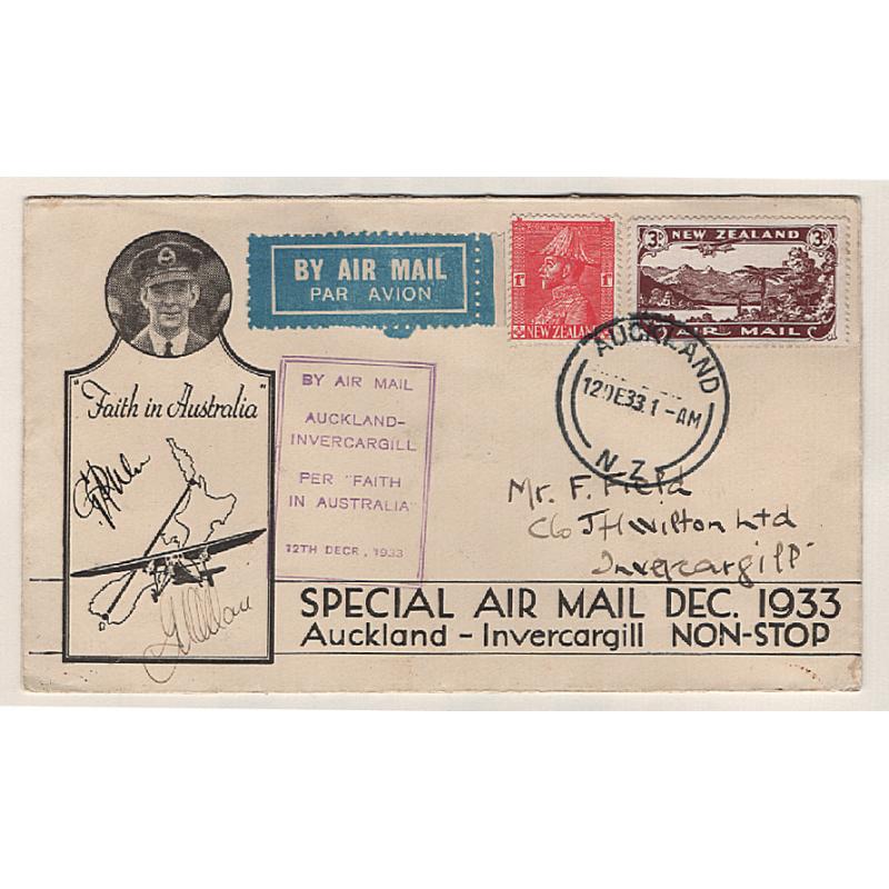 (KB15172) NEW ZEALAND · 1933: cacheted souvenir cover carried on 1st air mail flight AUCKLAND/INVERCARGILL · signed by Ulm · fine condition