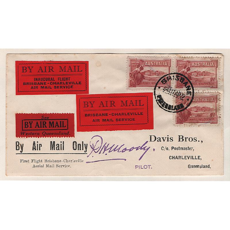 (KB15175) AUSTRALIA · 1929: "Davis Bros. cover" carried on 1st QANTAS air mail flight BRISBANE / CHARLEVILLE AAMC #132 · excellent condition · c.v. AU$50