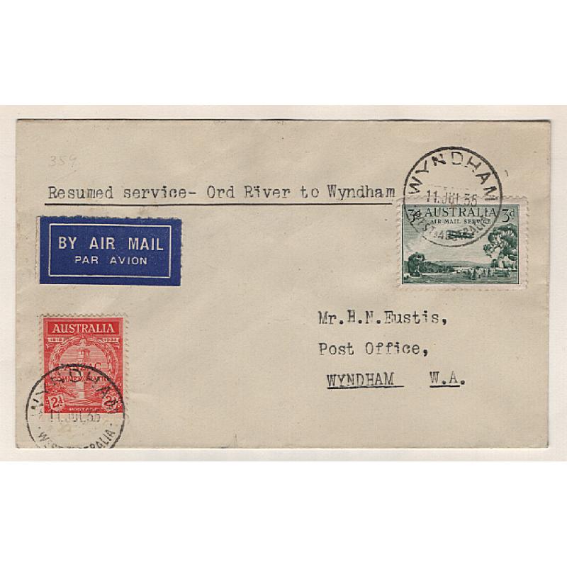 (KB15178) AUSTRALIA · 1935: cover carried ORD RIVER / WYNDHAM on the resumed air mail service MacRobertson Miller Aviation Co. AAMC #513 · fine condition · c.v. AU$90
