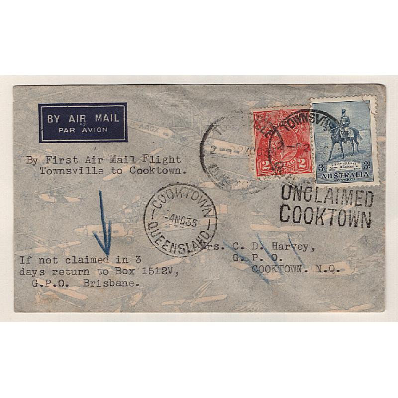 (KB15179) AUSTRALIA · 1935: cover carried on the first TOWNSVILLE / COOKTOWN air mail flight by McDonald Air Services Ltd AAMC #549 · excellent condition