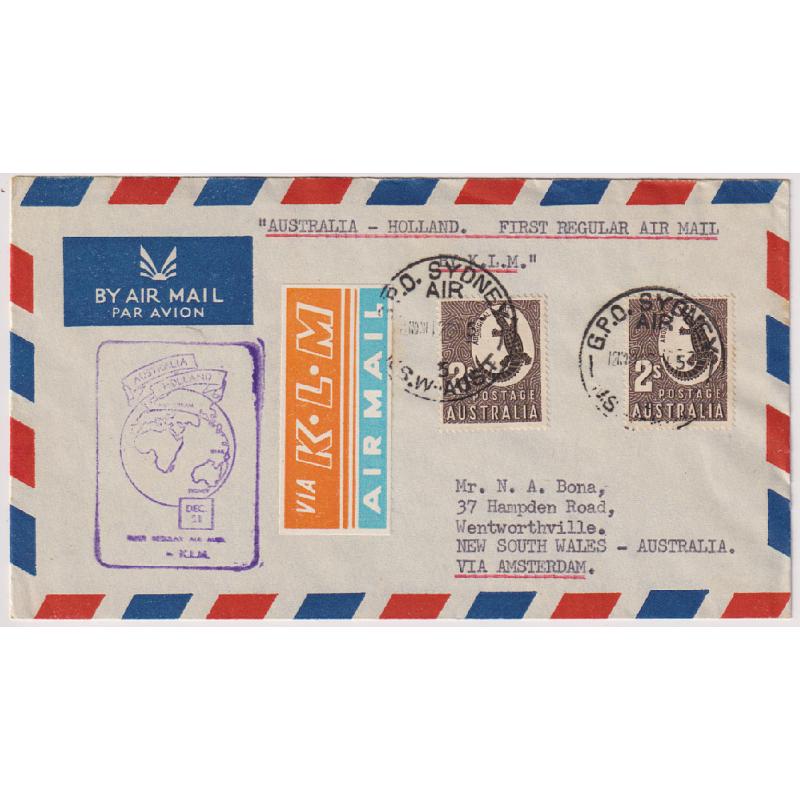 (KB15183) AUSTRALIA · 1951: attractive cacheted cover carried on the first Australia/Netherlands air mail flight by KLM AAMC #1288 · fine condition