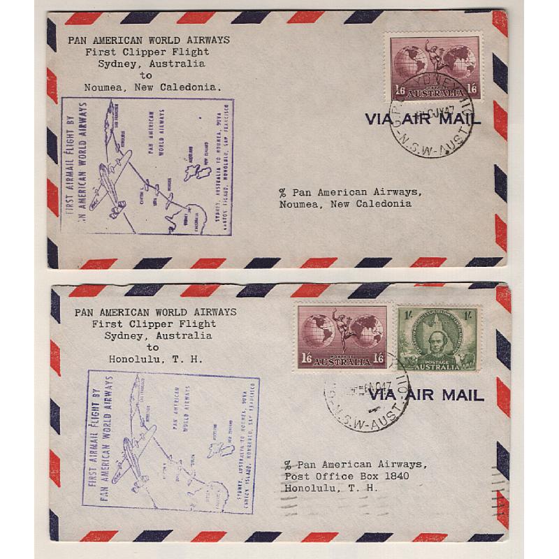 (KB15184) AUSTRALIA · 1947: cacheted 1st flight cover carried Sydney/Noumea by Pan-American Airlines AAMC #1102; also similar cover carried Sydney/Honolulu on PAA inaugural flight AAMC #1119a · total c.v. AU$115 (2)