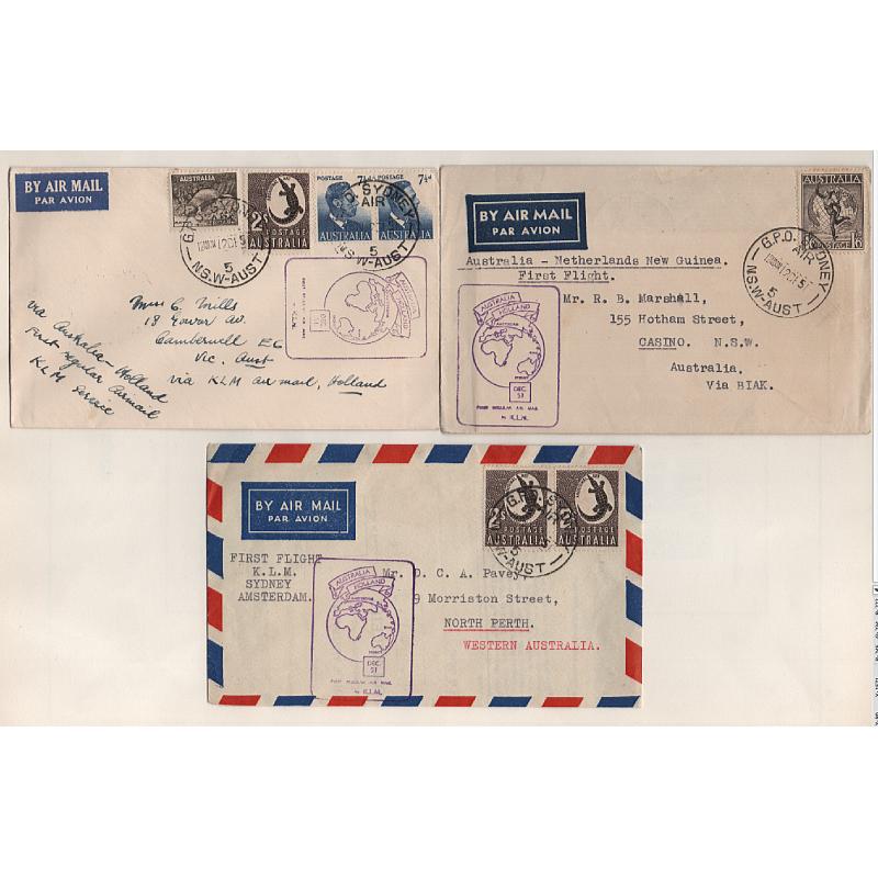 (KB15185) AUSTRALIA · 1951: two cacheted covers carried on the 1st air mail flight Sydney/Amsertdam via Biak AAMC #1288 · also "intermediate cover" carried Biak · all items in fine condition · total c.v. AU$75 (3)