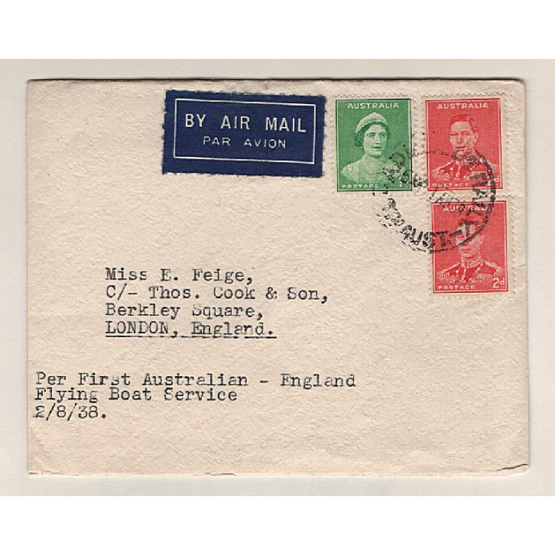 (KB15186) AUSTRALIA · 1938: small cover carried Rose Bay (NSW) to Southampton (G.B.) via Darwin and Singapore by QANTAS flying boat 'Camilla' AAMC 822b at the 'all up' air mail rate of 5d · nice condition · c.v. AU$275