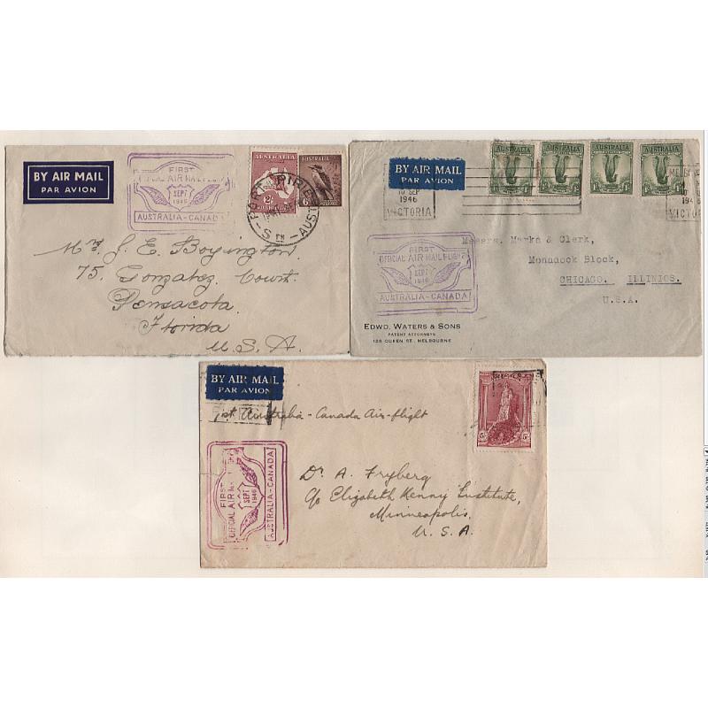 (KB15187) AUSTRALIA · 1946: 3 small cacheted cover carried on the 1st official Australia/Canada air mail flight by A.N.A.  AAMC #1066 · condition a little mixed but all items are quite presentable · total c.v. AU$90 (3)
