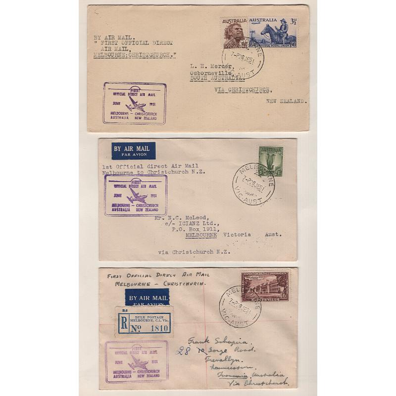 (KB15188) AUSTRALIA · 1951: 3x cacheted covers including one registered item carried of the 1st MELBOURNE/CHRISTCHURCH OFFICIAL DIRECT AIR MAIL FLIGHT by TEAL AAMC #1274 all in excellent to fine condition · total c.v. AU$60 (3)