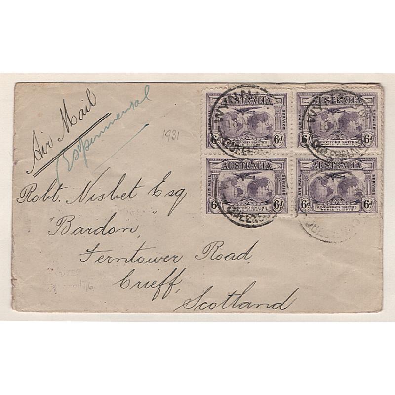 (KB15193) AUSTRALIA · 1931 (April): cacheted cover carried on 1st Official Air Mail Flight Melbourne/London AAMC #188 · attractively franked block of 4x 6d K/Smith commems · excellent condition (2 images)