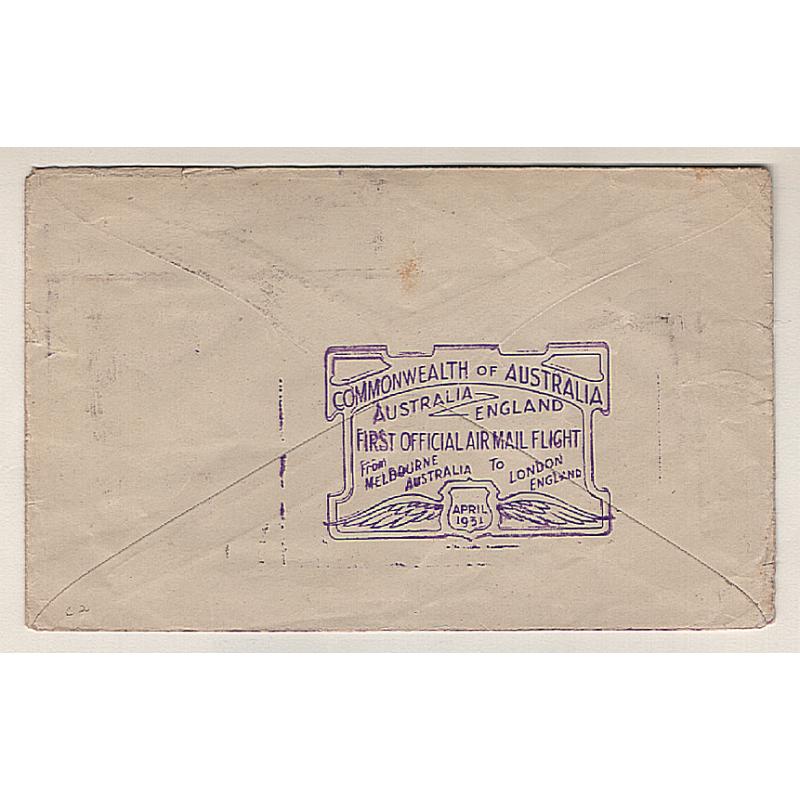 (KB15193) AUSTRALIA · 1931 (April): cacheted cover carried on 1st Official Air Mail Flight Melbourne/London AAMC #188 · attractively franked block of 4x 6d K/Smith commems · excellent condition (2 images)