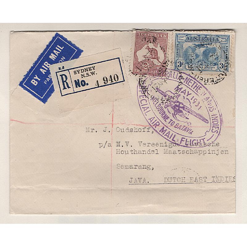 (KB15195) AUSTRALIA · 1931 (May): cacheted registered cover carried by KLM from Sydney to Batavia AAMC #204 · onforwarded to Semarang address · light horiz. crease detracts little  · range of b/stamps "document" journey