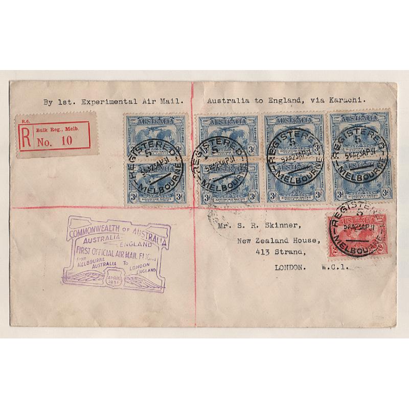 (KB15196L) AUSTRALIA · 1931 (April 23rd): registered cover carried on 1st Experimental Australia/England Air Mail Flight AAMC #188 · excellent condition, especially for such a large item (210x132mm) .... see largest image
