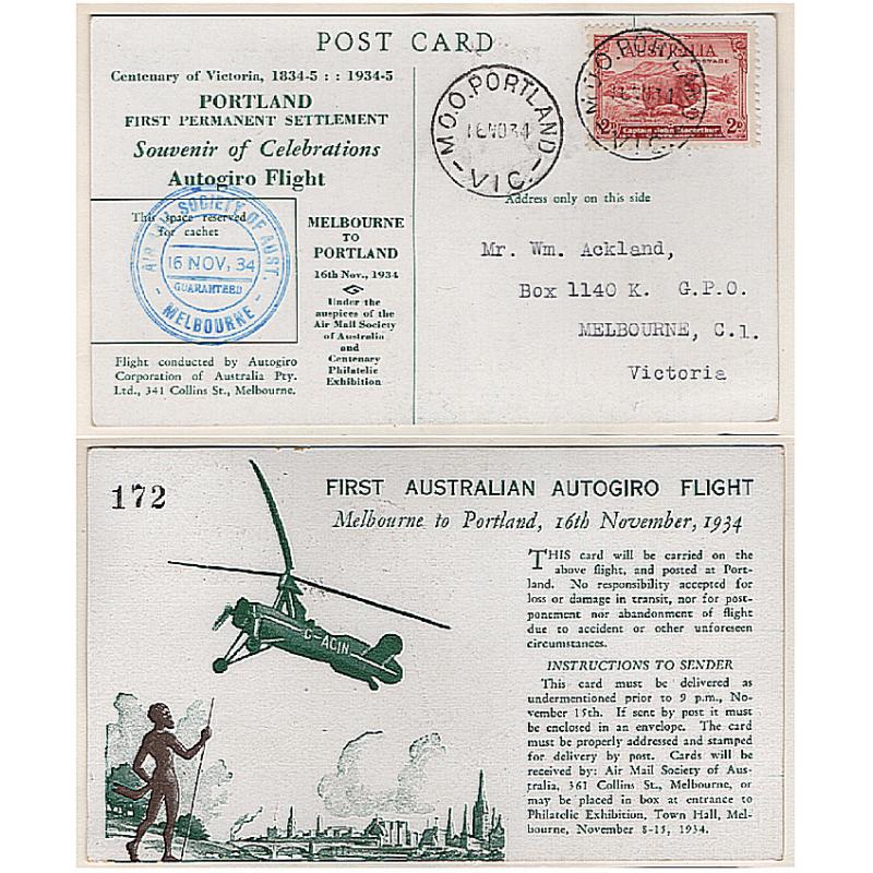 (KB15197) AUSTRALIA · 1934 (Nov 16th): souvenir cacheted card carried on autogiro flight from Melbourne to Portland (VIC) AAMC #461 · numbered '172' · fine condition front/back · c.v. AU$75