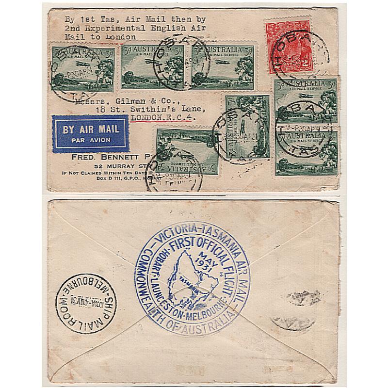 (KB15198) TASMANIA · AUSTRALIA · 1934: multi-franked cover endorsed "By 1st Tas Air Mail then by 2nd Experimental English Air Mail to London" · 1/11d paid = correct rate for flights · excellent condition