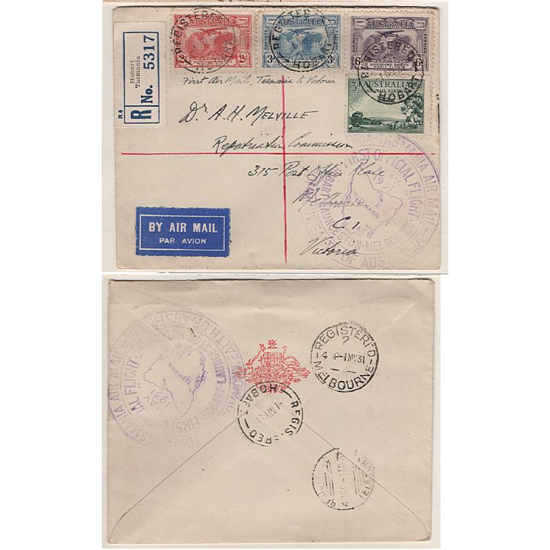 (KB15199) TASMANIA · AUSTRALIA · 1934: registered cacheted cover carried on 1st air mail flight by ANA Ltd from Hobart to Melbourne · fine condition · AAMC  #197