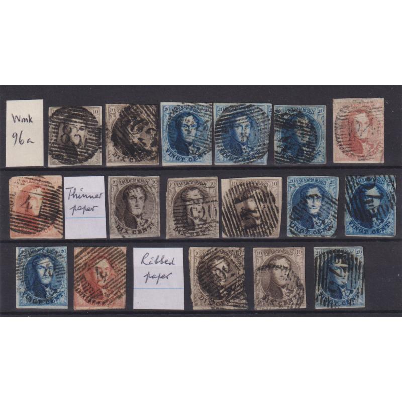 (KK1129) BELGIUM · 1851/54: interesting "study lot" of used watermarked Leopold I issue Scott #6/8 · condition is a little mixed so please view the largest image · total c.v. approx. US$600 (17)