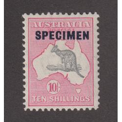 (KK1333) AUSTRALIA · 1932: Die II 10/- grey & pink Roo (CofA wmk) optd SPECIMEN SG 136s · fresh appearance · light hinge remnant on verso (2 images)