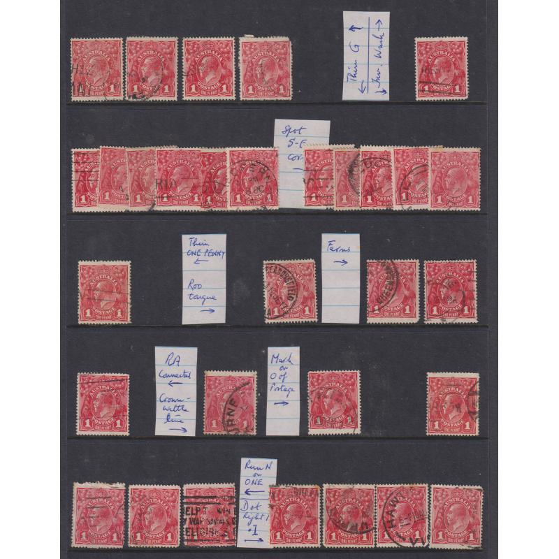 (KK1338L) AUSTRALIA · Hagner housing used 1d red KGV defins with a range of plate varieties identified ..... RUN N, FERNS, THIN G, etc. ... 30 stamps in mixed condition .....see largest image