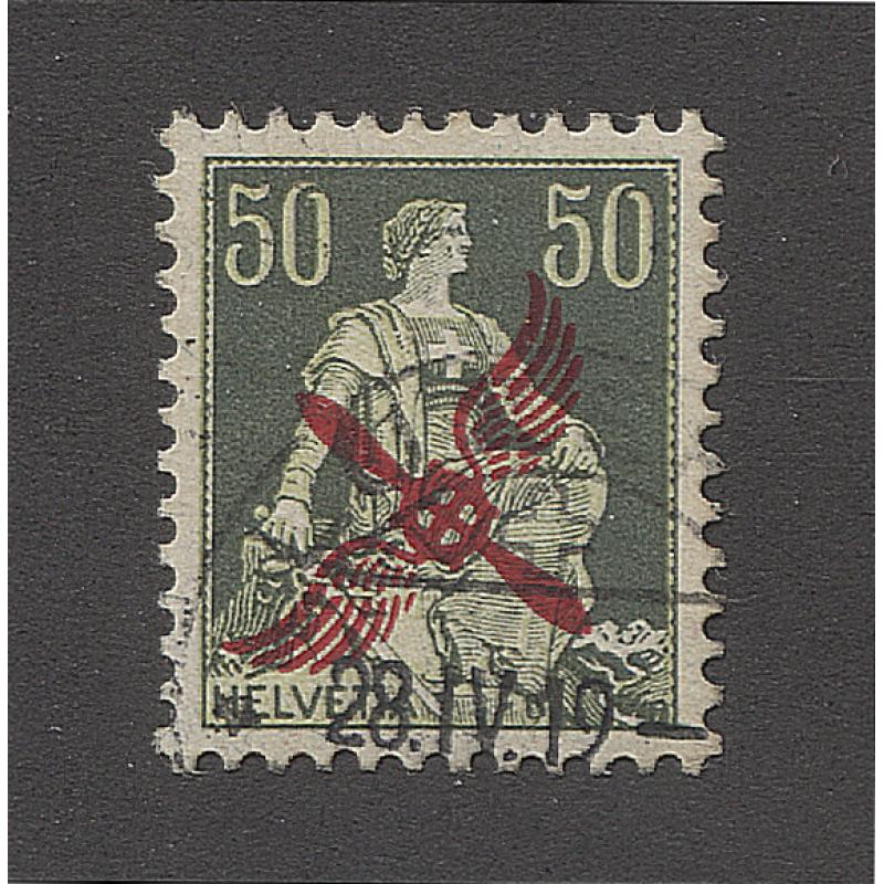 (KK15000) SWITZERLAND · 1919: lightly used air mail overprint on 50c green Helvetia Mi 145 · postmark definitely on top of the overprint · c.v. €160 · fine condition