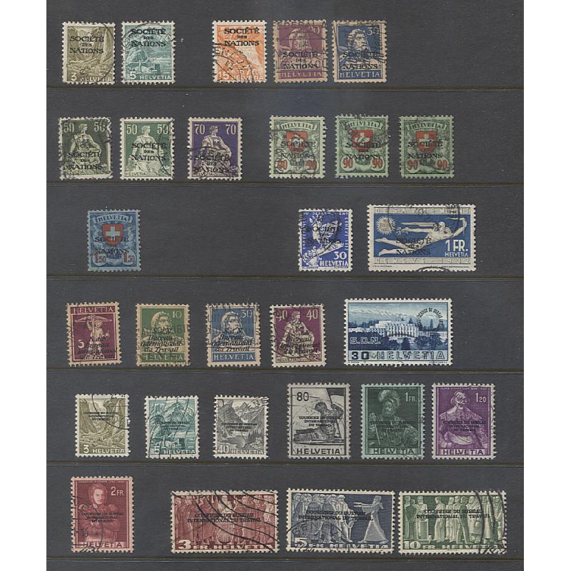 (KK15004L) SWITZERLAND · 1920s/70s:  M/U sets/oddments from period, the majority League of and United Nations overprints of Swiss defins & commems · occasional modest "picking" · a starter lot maybe? · 75 stamps (3 images)