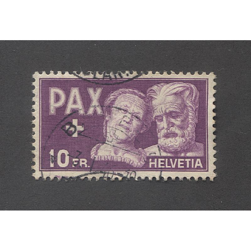(KK15010) SWITZERLAND · 1945: nicelyused 10Fr dark lilac-purple PAX commemorative Mi 459 postmarked 3.1.46 · nice condition · c.v. €150