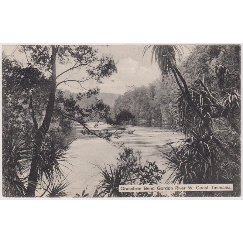 (KM1002) TASMANIA · 1909: card by Spurling & Son (No.153) w/view of GRASSTREE BEND GORDON RIVER W. COAST · postally used with 1d Pictorial franking · fine condition