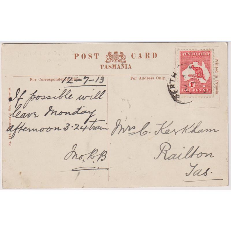 (KM1003) TASMANIA · 1913: card by Spurling & Son (No.141) w/view of PERTH BRIDGE, SOUTH ESK RIVER · postally used from Perth with 1d Roo franking · nice condition (2 images)