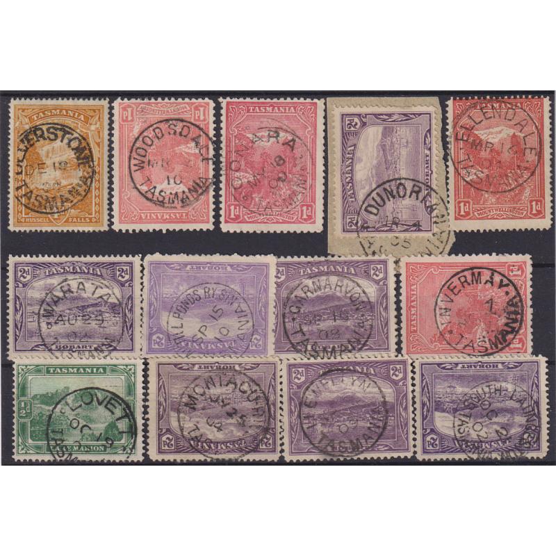 (KM1008) TASMANIA · a Baker's Dozen of selected postmarks on Pictorials to 4d · includes LLEWELLYN, SOUTH LAUNCESTON, MONTAGU RIVER, WOODSDALE, etc. (13)