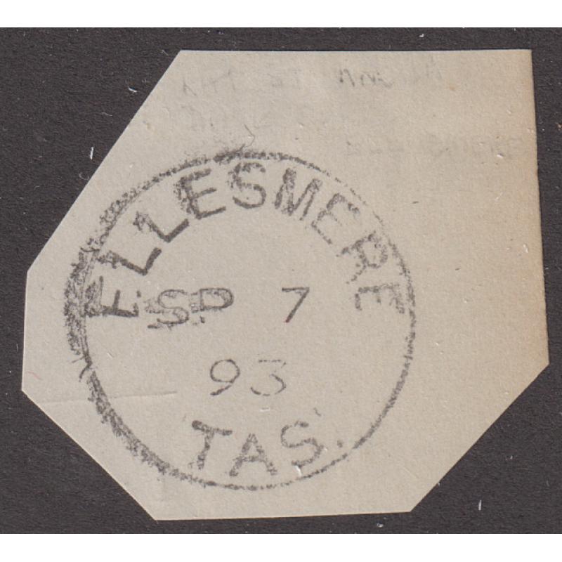 (LD1000) TASMANIA · 1893 (Sep 7th): a full strike of the ELLESMERE Type 1a cds on an envelope clipping · this is the latest recorded date of use! · postmark is rated 2R