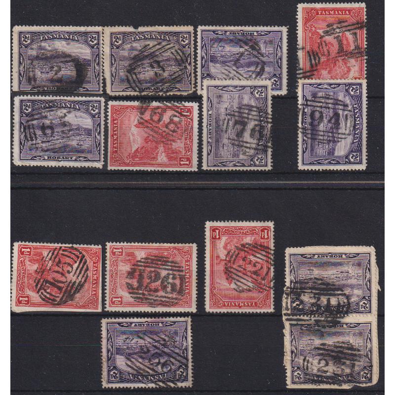 (LD1007) TASMANIA · a Baker's Dozen of selected BARRED NUMERAL CANCELS on 1d & 2d Pictorials · includes 'rated" .... 3,11, 231 & 256 (13)