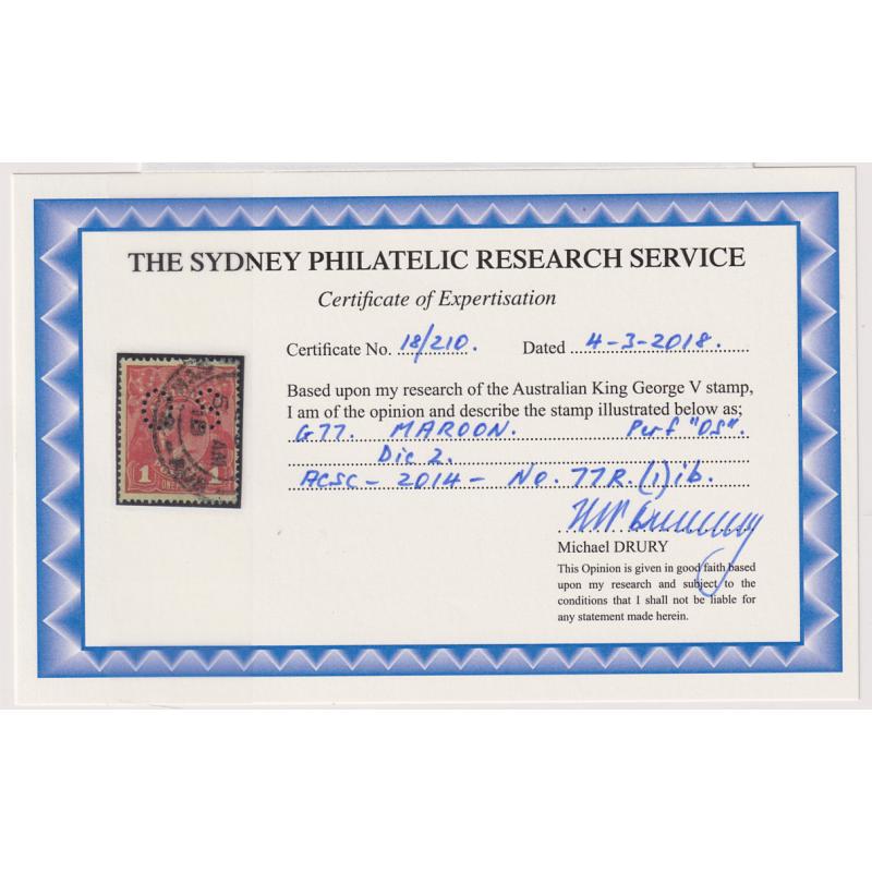 (LD1012) AUSTRALIA · 1919: commercially used Die II 1d maroon KGV defin (S Wmk) perf OS  BW 72R(1)ib · accompanied by 2018 Drury certificate (2 images)