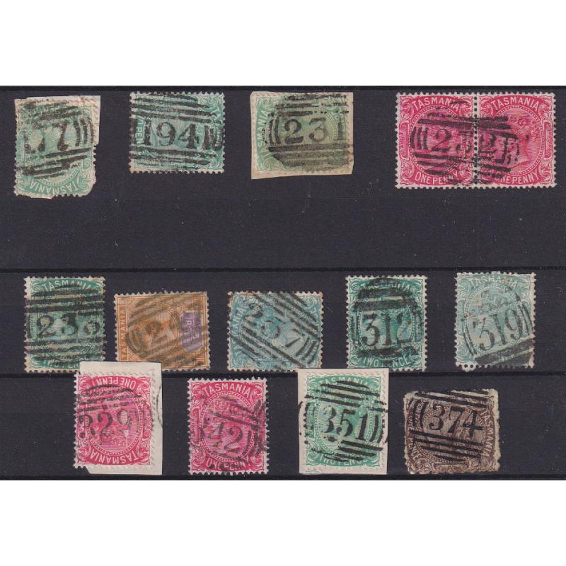 (LD1018) TASMANIA · a Baker's Dozen of BARRED NUMERAL cancels each rated R and selected as very collectable examples · includes 194 (Pieman River, etc.), 257 (Wyniford River, etc.) and 374 (Hillend) · see largest image (13)