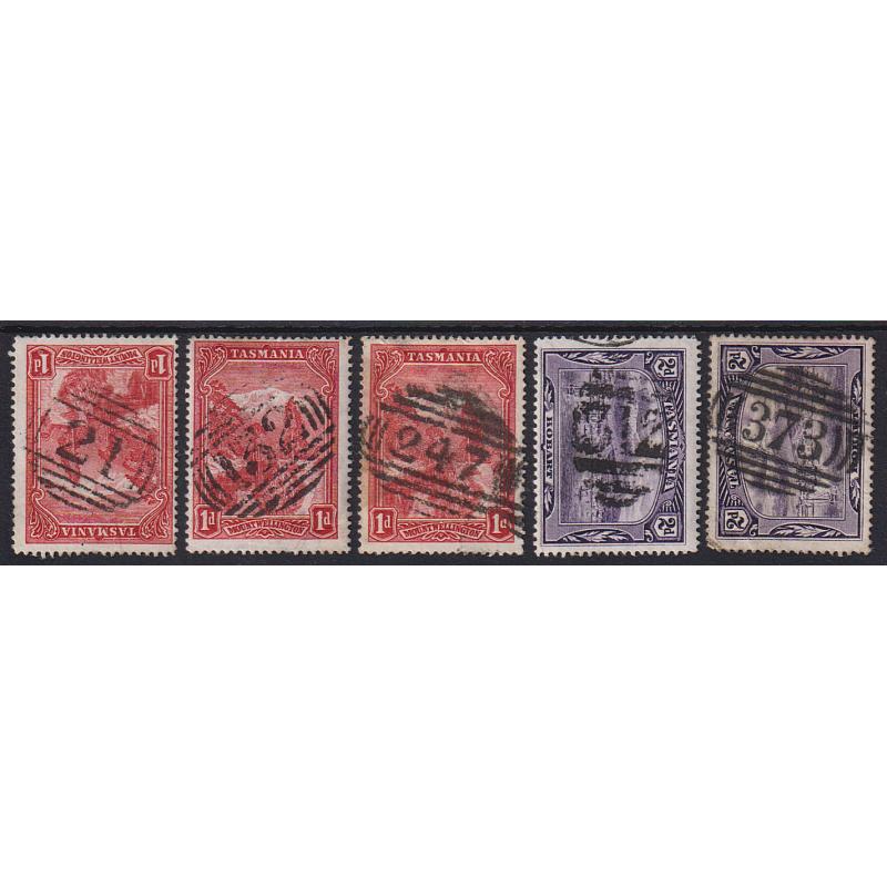 (LD1020) TASMANIA · 1900: five BARRED NUMERAL cancels on 1d or 2d Pictorial, each rated R · all very collectable examples (5)