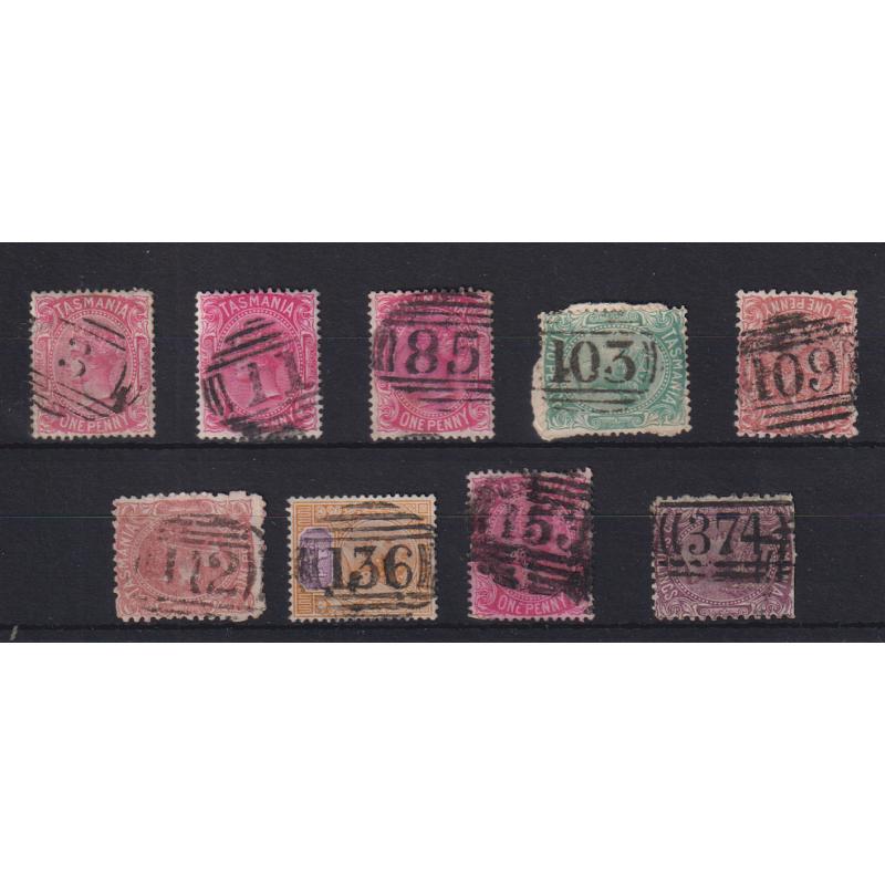 (LD1021) TASMANIA · 9 different BARRED NUMERAL cancels on QV S/face /Tablet issues to 5/-, each rated R · all have been selected for degree of clarity (10)