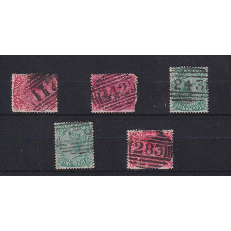 (LD1022) TASMANIA · 5 different BARRED NUMERAL cancels on 1d & 2d QV S/face issues, each rated RR · all have been selected for degree of clarity (5)